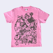 Pink shirt with a busy graphic on the front of art by Katsuya Terada, of a shirtless woman with mechanical body parts, an old man and a large bear that wears a shirt that reads "Not Funny."