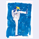 Artistic depiction of a baseball player in a Dodgers uniform with a blue abstract background