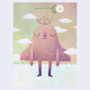 Illustration of of an anthropomorphized mountain standing with its eyes closed and a peace sign atop its head and a flower on that.
