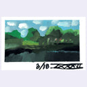 A landscape painting on a white paper background, featuring green hills, dark trees, a blue sky with white clouds, and a black signature or mark at the bottom.