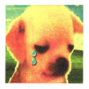 A small print, featuring a small puppy looking down sadly. Cartoonish tears fall from its eyes. Background is a very low res version of the WIndows XP field wallpaper.