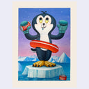 Cartoon penguin character on an iceberg with a can of soda, against a blue and purple gradient background. 