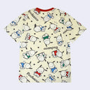 Cream colored t-shirt with a repeating pattern of Sanrio's Pochacco, in different colored shirts. Filler for the pattern are small stars and "Pochacco" written in neat cursive.