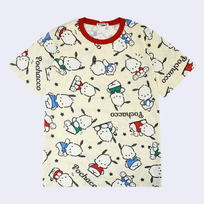 Cream colored t-shirt with a repeating pattern of Sanrio's Pochacco, in different colored shirts. Filler for the pattern are small stars and "Pochacco" written in neat cursive.