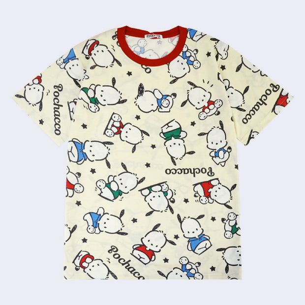Cream colored t-shirt with a repeating pattern of Sanrio's Pochacco, in different colored shirts. Filler for the pattern are small stars and "Pochacco" written in neat cursive.