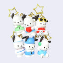 6 differently dressed figures of Pochacco, a cartoon dog from Sanrio attached to a gold tone hardware keychain.