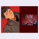 2 page excerpt featuring illustrations of boys, close up against red backgrounds.