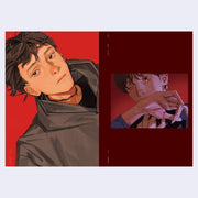 2 page excerpt featuring illustrations of boys, close up against red backgrounds.