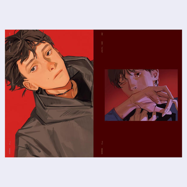 2 page excerpt featuring illustrations of boys, close up against red backgrounds.