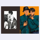 Two artistic illustrations of people, one in black and white and the other in color, both of pairs of men in fashionable outfits.