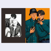 Two artistic illustrations of people, one in black and white and the other in color, both of pairs of men in fashionable outfits.