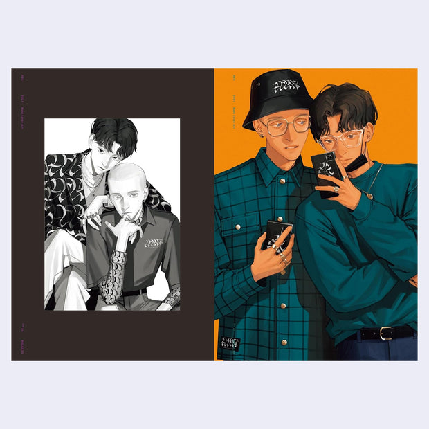 Two artistic illustrations of people, one in black and white and the other in color, both of pairs of men in fashionable outfits.