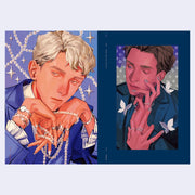 Two illustrated portraits of a person with jewelry on a blue and purple gradient background.