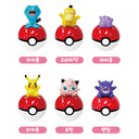 Six Pokémon character figures displayed on red-and-white Pokéball bases against a white background, with pink labels below each figure. The characters shown are blue, yellow, purple, yellow, pink, and dark purple, and the text below appears to be Korean names.