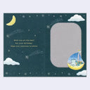 Birthday card with a cartoon bear on a moon-shaped boat, surrounded by clouds and stars,