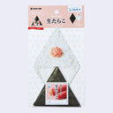 KING JIM Onigiri (rice balls) message card set in its retail packaging, featuring a triangular rice shape and a pink center, a dark green nori sheet, and a small printed instruction card.