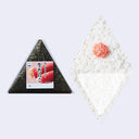 A triangular onigiri (rice ball) package on the left with a visible label, and a separate diamond-shaped rice ball with a small pink topping on the right, shown on a plain light background.