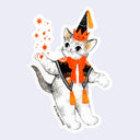 A die-cut sticker featuring an illustrated white kitten dressed as a wizard, wearing an orange and black pointed hat, an orange bow tie, and holding out a paw with orange sparkles. The sticker is shown on a light lavender background.