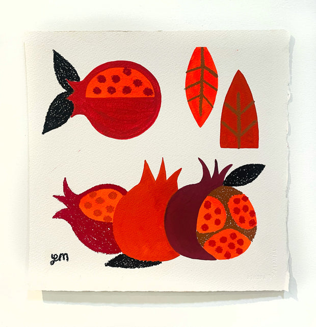 Illustration of 4 pomegranates, simply rendered in a traditional minimalist graphic style. Some have leaves and are cut open, with 2 separate leaves nearby. Piece is on white paper with deckled edges.