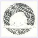 Black and white illustration of a closed eye cloud with a circular pattern in the background