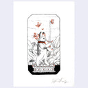 Illustration of a cat holding a sword with butterflies on a white background
