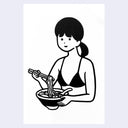 Black and white illustration of a woman eating noodles with chopsticks.