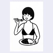 Black and white illustration of a woman eating from a plate on a light purple background