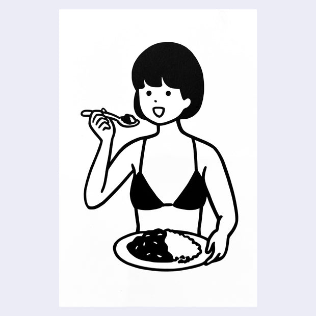 Black and white illustration of a woman eating from a plate on a light purple background