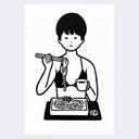 Black and white illustration of a person eating noodles with chopsticks.