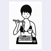 Black and white illustration of a person eating noodles with chopsticks.