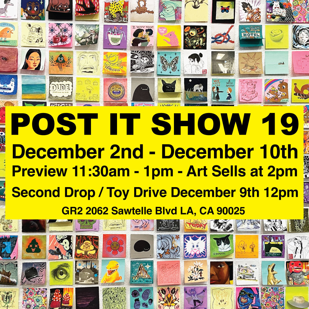 Photo of many sticky notes with different art on them. Information about Post It Show 19 is written.