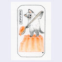 Black ink illustration on white paper of a cat standing and holding a large wooden spoon, scooping a molded orange jelly.