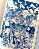 Comic book-style illustration of a robot in a blue and white color scheme.