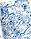 Comic strip with blue ink on a white background