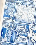 Comic strip with blue ink on a white background