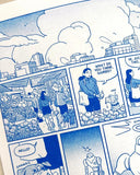 Comic strip with blue ink on a white background