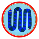 Painting of a blue, simply shaped snake with darker blue triangle pattern. It curves up and down, like multiple U shapes. It has yellow eyes and a red tongue extended out. The light blue circle panel is mounted in a red outer circle.