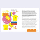 An open book spread showing a colorful page about shokupan (Japanese milk bread). The page includes a large pink loaf illustration with Japanese characters, smaller bread illustrations, a small photo of a loaf in a dish, and blocks of descriptive text.