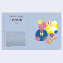 A travel poster for Tokyo, titled 'TOKYO AT A GLANCE' and featuring 'HANAMI' with Japanese characters. The left side contains descriptive text about the Hanami (flower viewing) culture in Tokyo, while the right side features a vibrant, colorful illustration of cherry blossoms, drinks, and a traditional lantern against a light blue background.