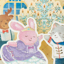 Illustrated rabbit character in a purple dress with a tiara, surrounded by festive elements like a chandelier and reindeer.