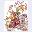 Ink drawing of a woman riding on a red motorcycle, playing the flute for many large rats.