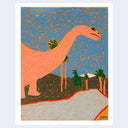 Crayon textured illustration of a large peach colored dinosaur statue with palm trees in the background.
