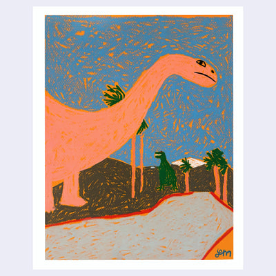 Crayon textured illustration of a large peach colored dinosaur statue with palm trees in the background.