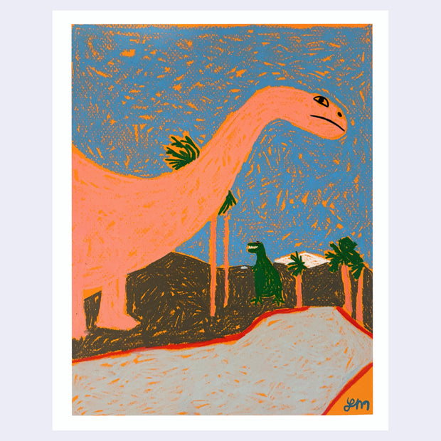 Crayon textured illustration of a large peach colored dinosaur statue with palm trees in the background.