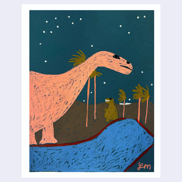 Gritty crayon textured illustration of a long necked dinosaur with palm trees against a night sky.