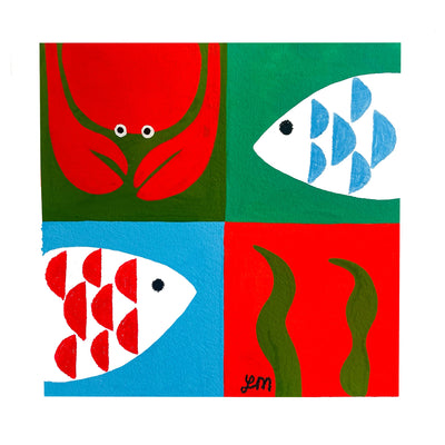 Graphic quality painting, divided into 4 colored squares: dark green with a red crab, green with a white fish, blue with a white fish and red with green kelp.