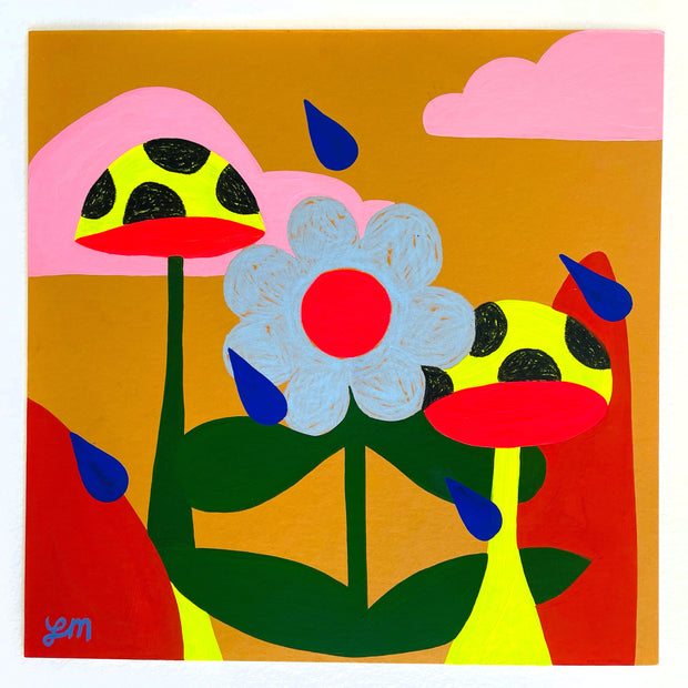 Very colorful, graphic quality illustration of a blue flower with a red center and green stem, between 2 neon yellow mushrooms with black spots. Large water droplets fall from the orange sky.