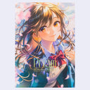 Book cover for "Prism" with a full cover illustration of an anime style girl with a school girl outfit and brown glittery eyes.