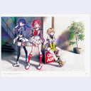 Open 2 page book spread of one illustration of 3 anime style girls dressed in matching outfits with different colorings, one sits on a TV.
