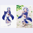 Two page spread of illustrations - one on each page of a cute anime style girl with blue hair and a night blue and star patterned kimono dress.